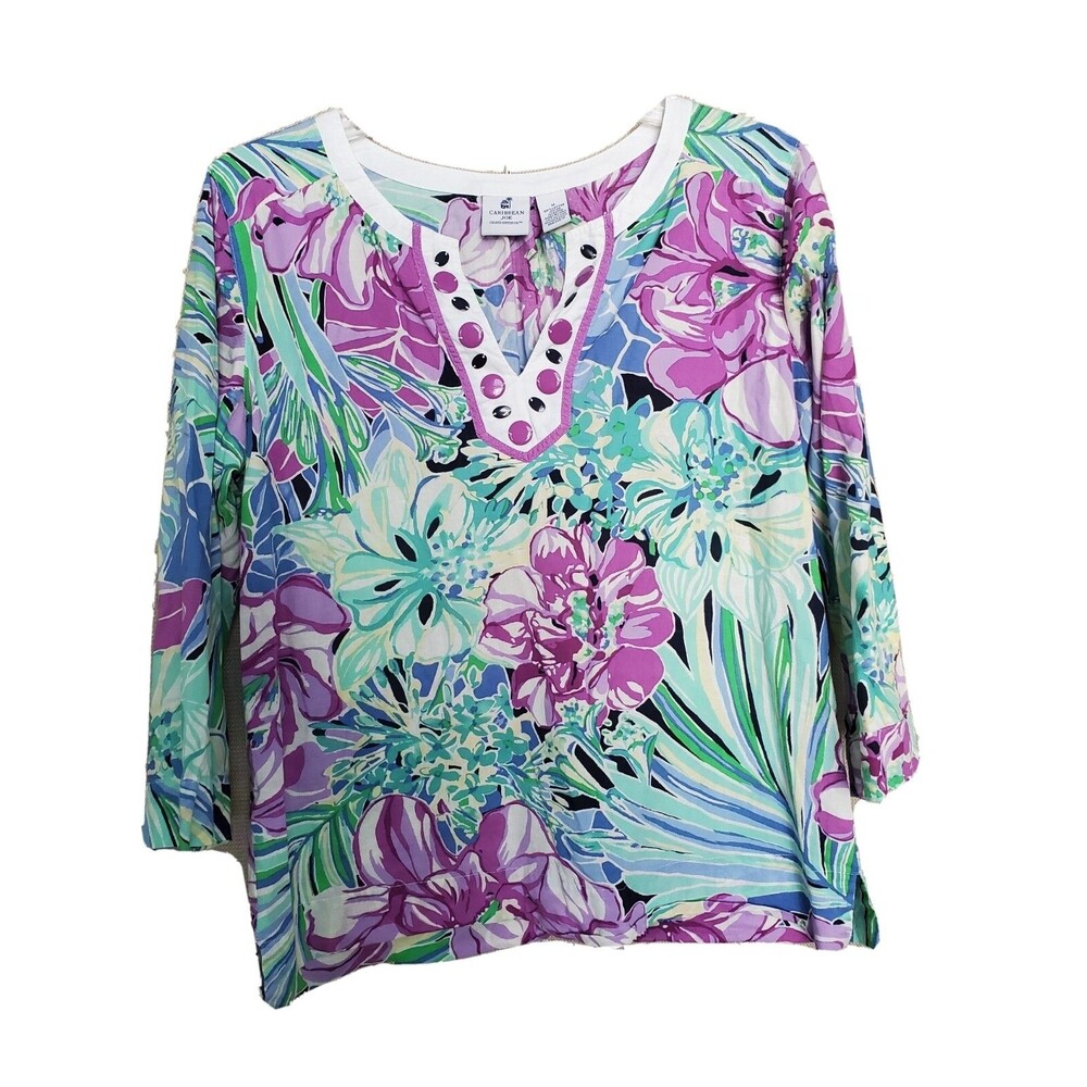Caribbean Joe Lightweight Cotton Floral Henley Neck 3/4 Sleeve Blouse Sz Medium